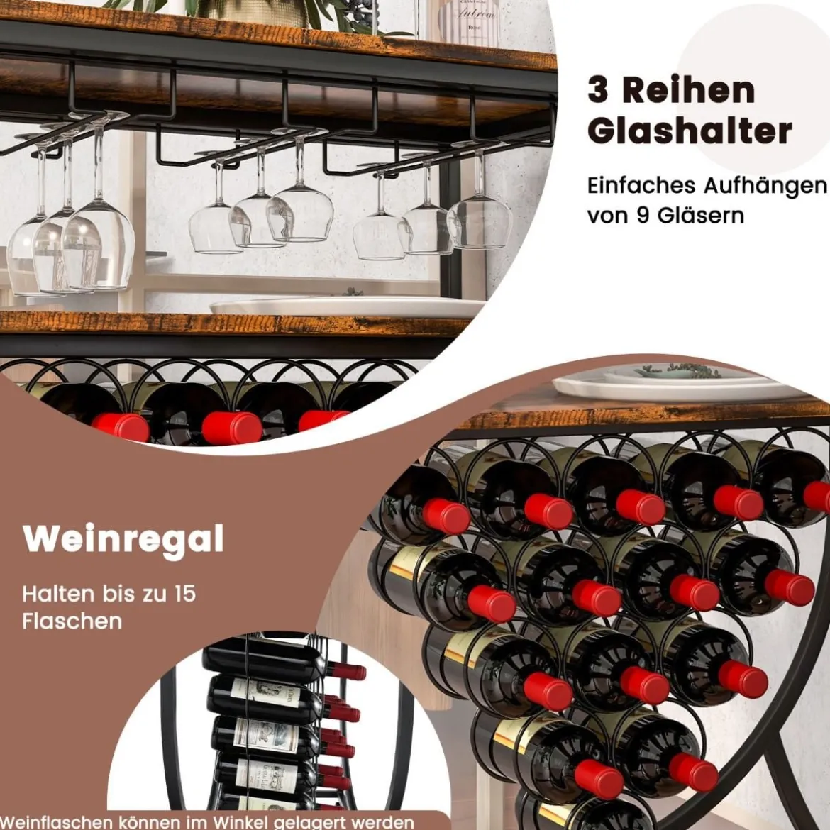 Weinregal Barwagen auf Rollen Servierwagen mit 2 Ablagen 83 x 40 x 83 cm