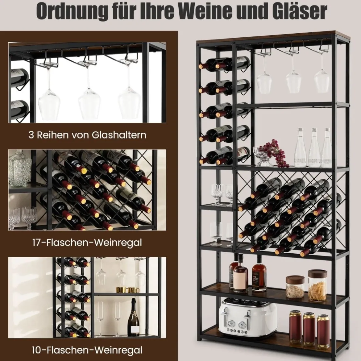 Weinregal für 27 Flaschen aus Metall mit Glashaltern Barschrank 81 x 23 x 166 cm Schwarz