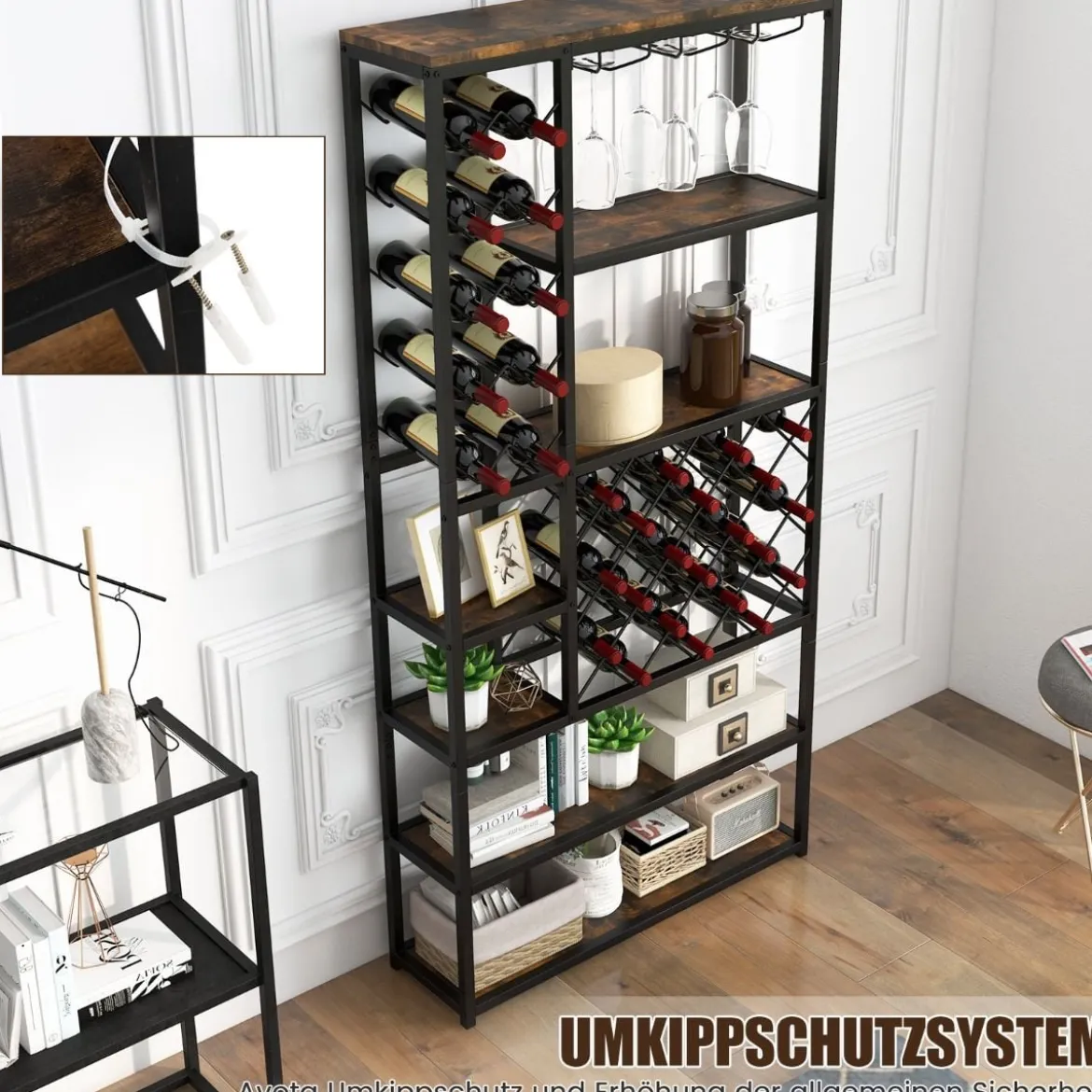 Weinregal für 27 Flaschen aus Metall mit Glashaltern Barschrank 81 x 23 x 166 cm Schwarz