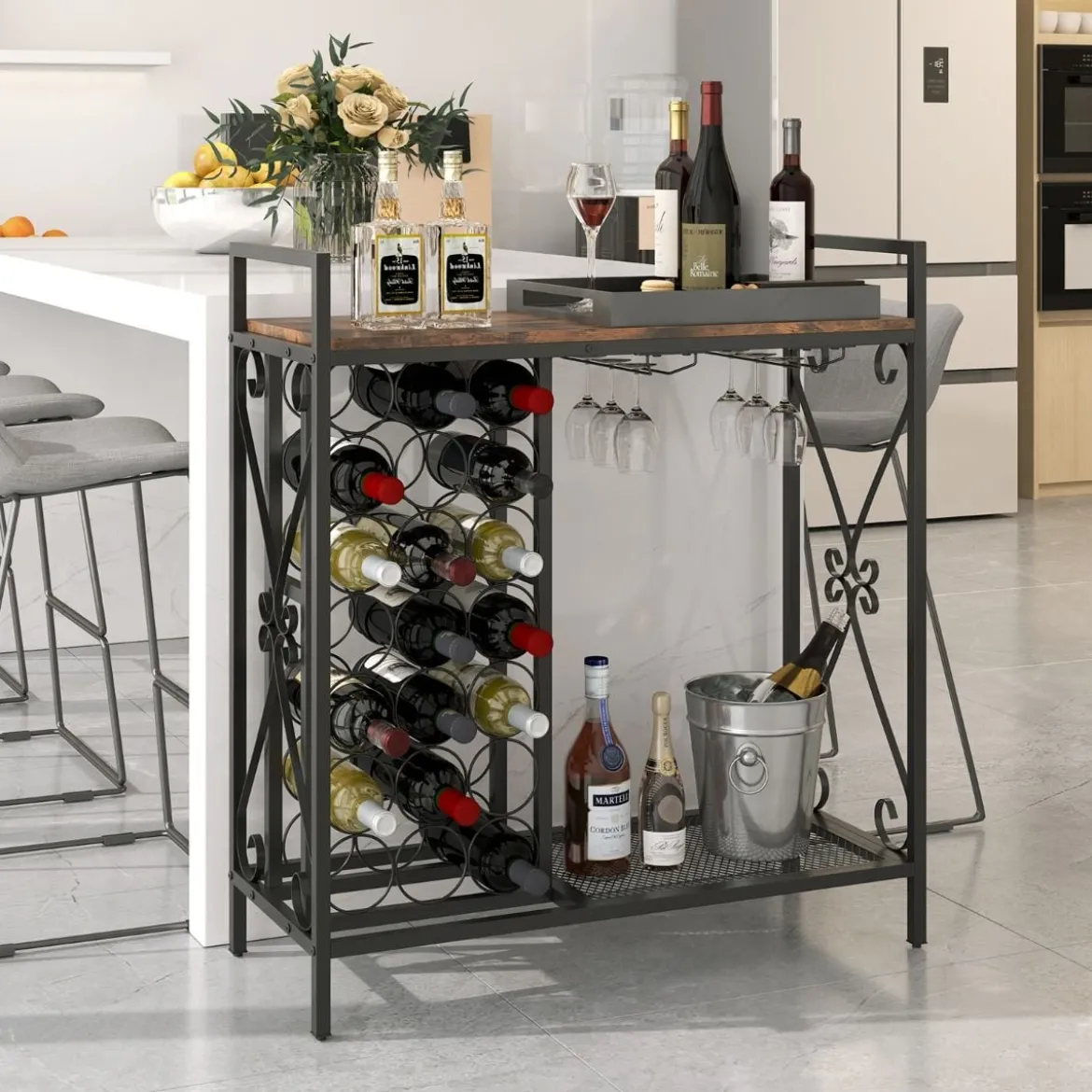 Weinregal für 21 Flaschen mit Glashalter & Tischplatte Freistehender Flaschenregal