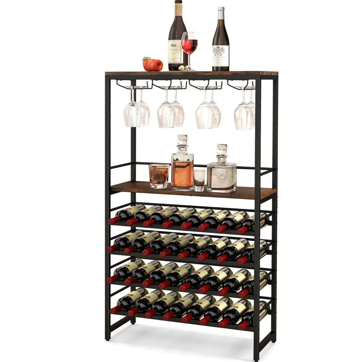 Weinregal für 32 Weinflaschen und 16 Gläser Flaschenregal freistehend Metallrahmen 80 x 30 x 140 cm