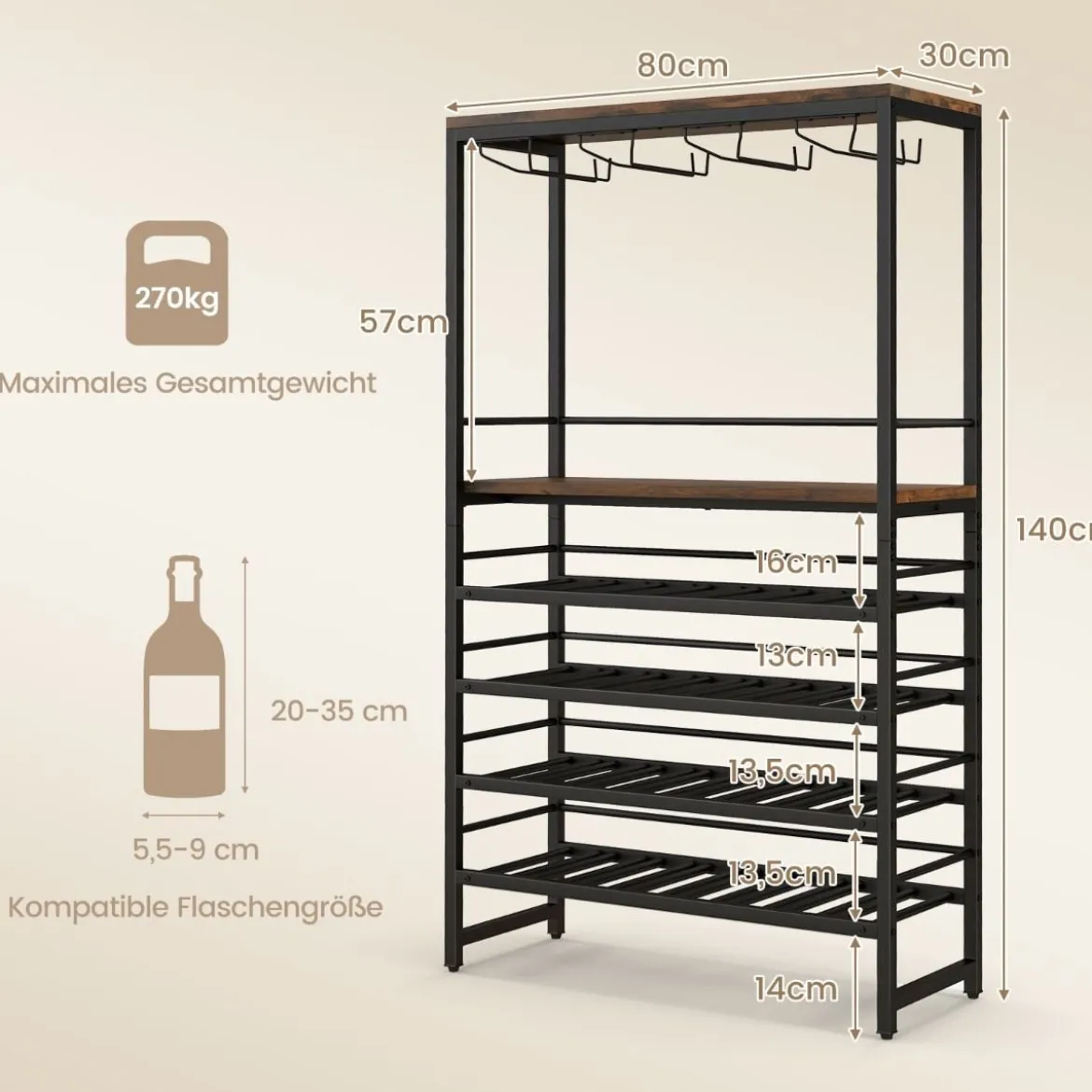 Weinregal für 32 Weinflaschen und 16 Gläser Flaschenregal freistehend Metallrahmen 80 x 30 x 140 cm