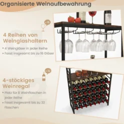 Weinregal für 32 Weinflaschen und 16 Gläser Flaschenregal freistehend Metallrahmen 80 x 30 x 140 cm