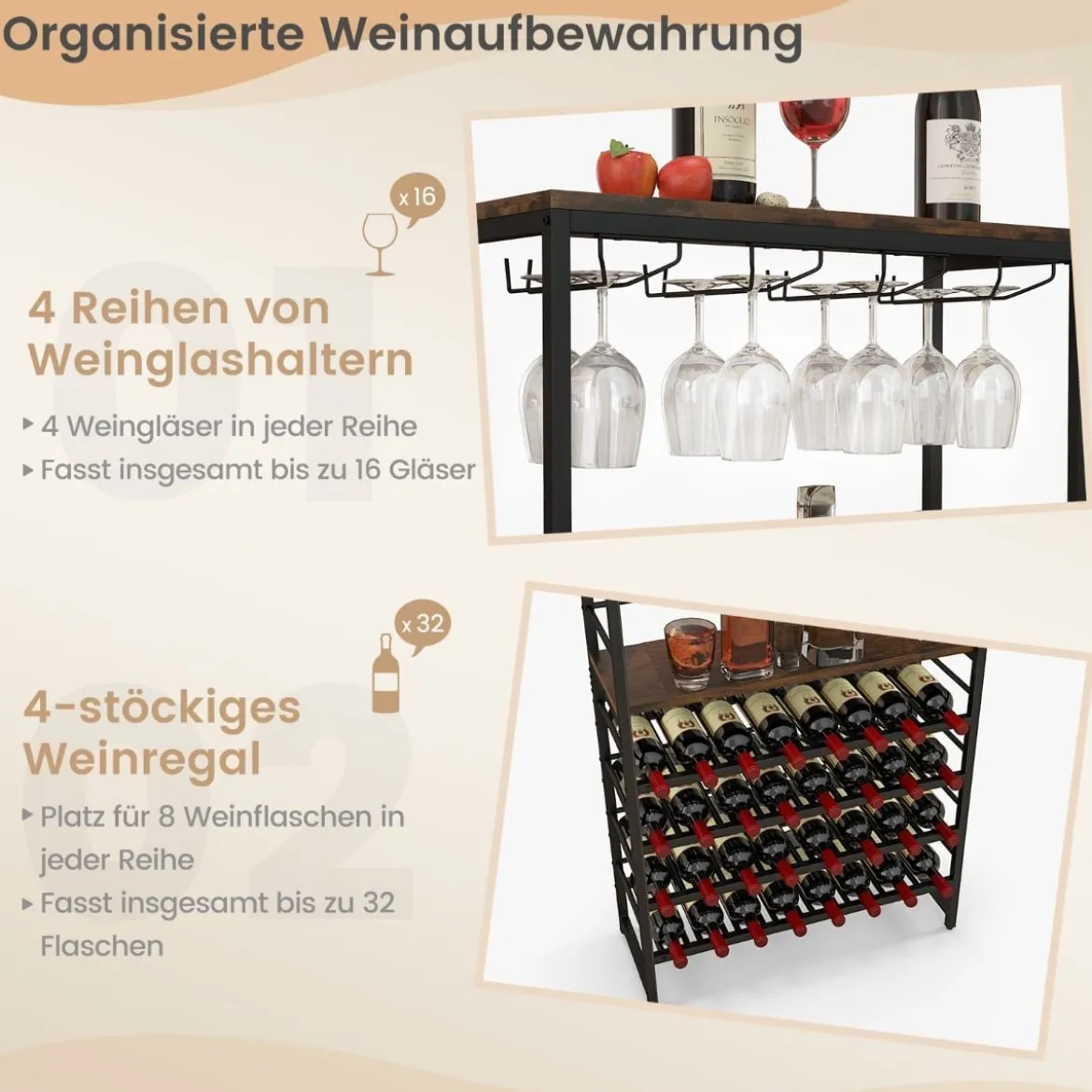 Weinregal für 32 Weinflaschen und 16 Gläser Flaschenregal freistehend Metallrahmen 80 x 30 x 140 cm