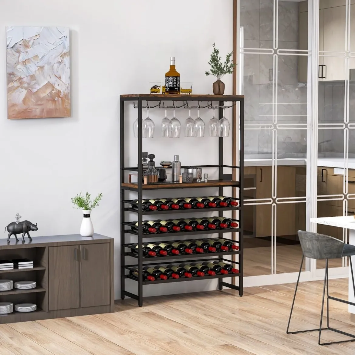 Weinregal für 32 Weinflaschen und 16 Gläser Flaschenregal freistehend Metallrahmen 80 x 30 x 140 cm
