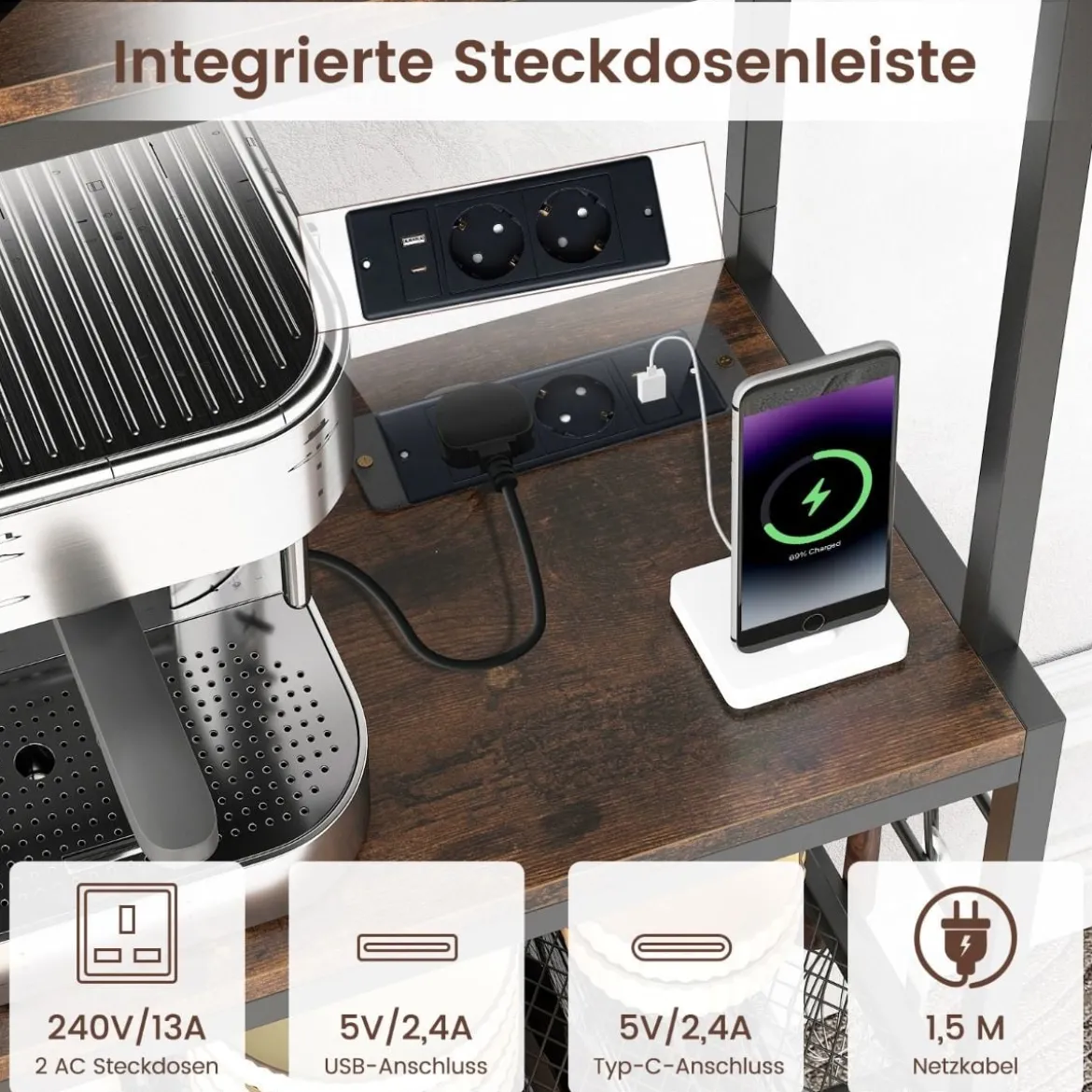 Weinregal mit Steckdose & Glas- & Tassenhaltern & 8 Haken Mikrowellenständer Rustikales Braun