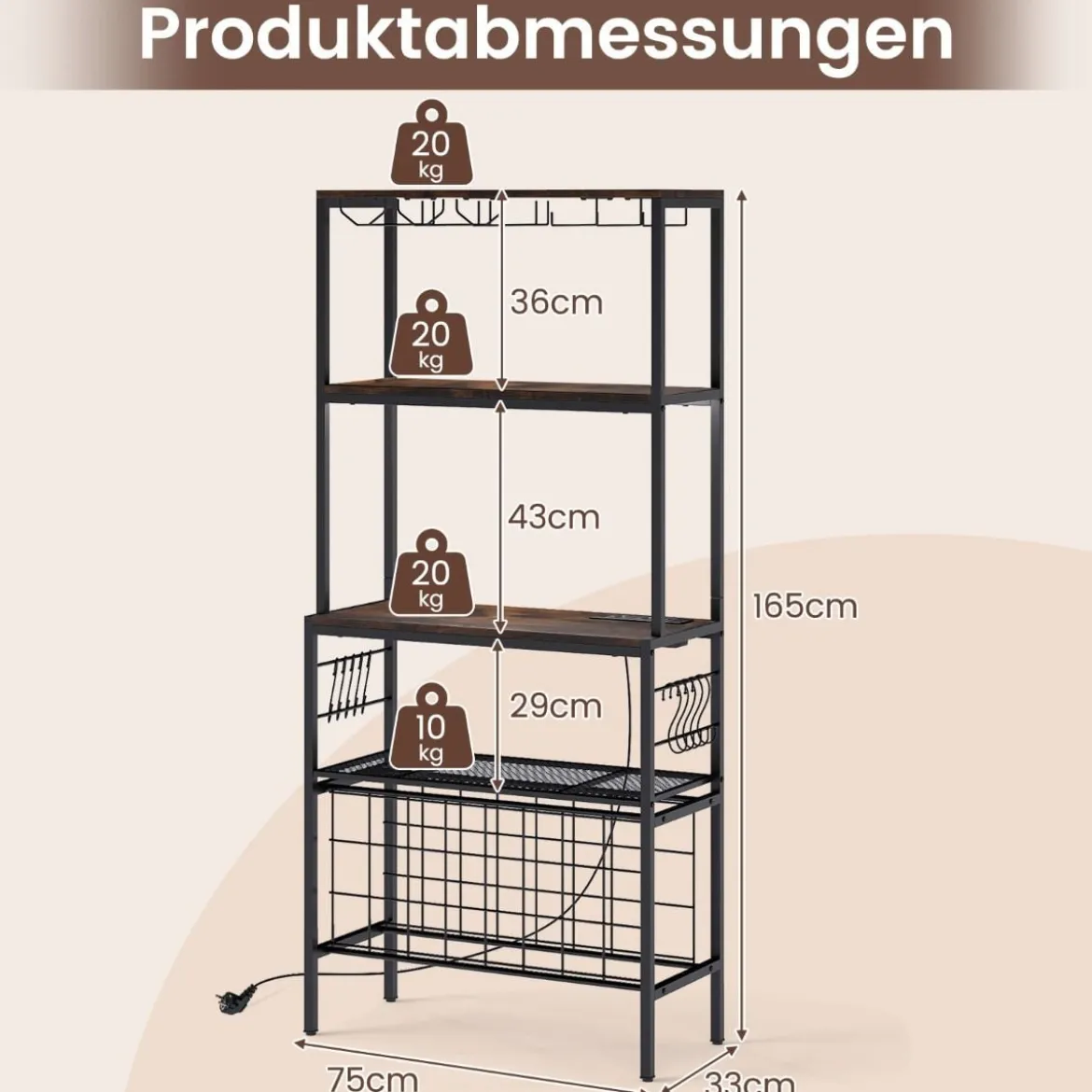 Weinregal mit Steckdose & Glas- & Tassenhaltern & 8 Haken Mikrowellenständer Rustikales Braun