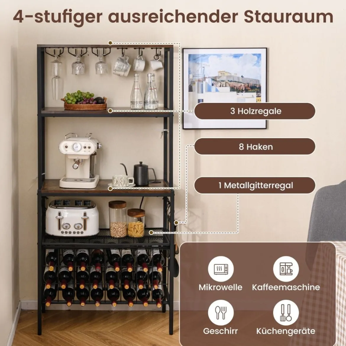 Weinregal mit Steckdose & Glas- & Tassenhaltern & 8 Haken Mikrowellenständer Rustikales Braun