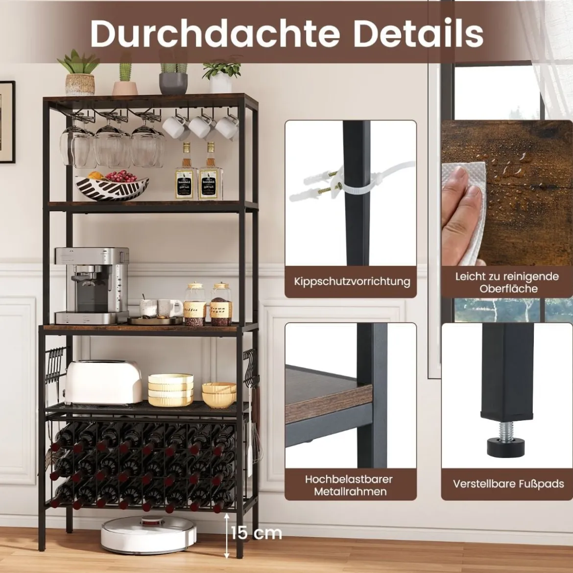 Weinregal mit Steckdose & Glas- & Tassenhaltern & 8 Haken Mikrowellenständer Rustikales Braun
