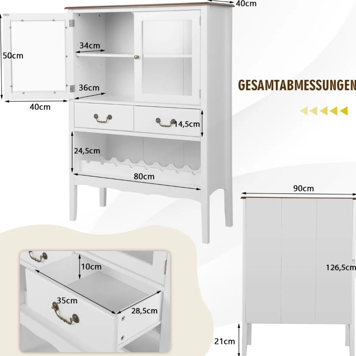 Weinschrank aus Kiefernholz mit 2 Türen & 2 Schubladen & offenes Weinregal Kippsicherung