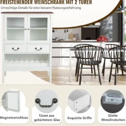Weinschrank aus Kiefernholz mit 2 Türen & 2 Schubladen & offenes Weinregal Kippsicherung