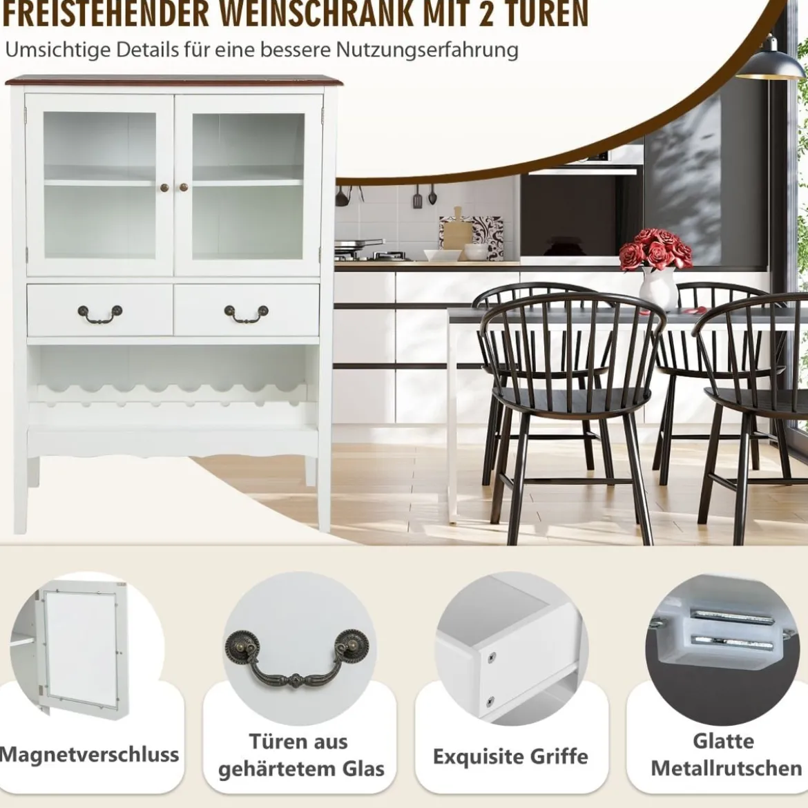 Weinschrank aus Kiefernholz mit 2 Türen & 2 Schubladen & offenes Weinregal Kippsicherung