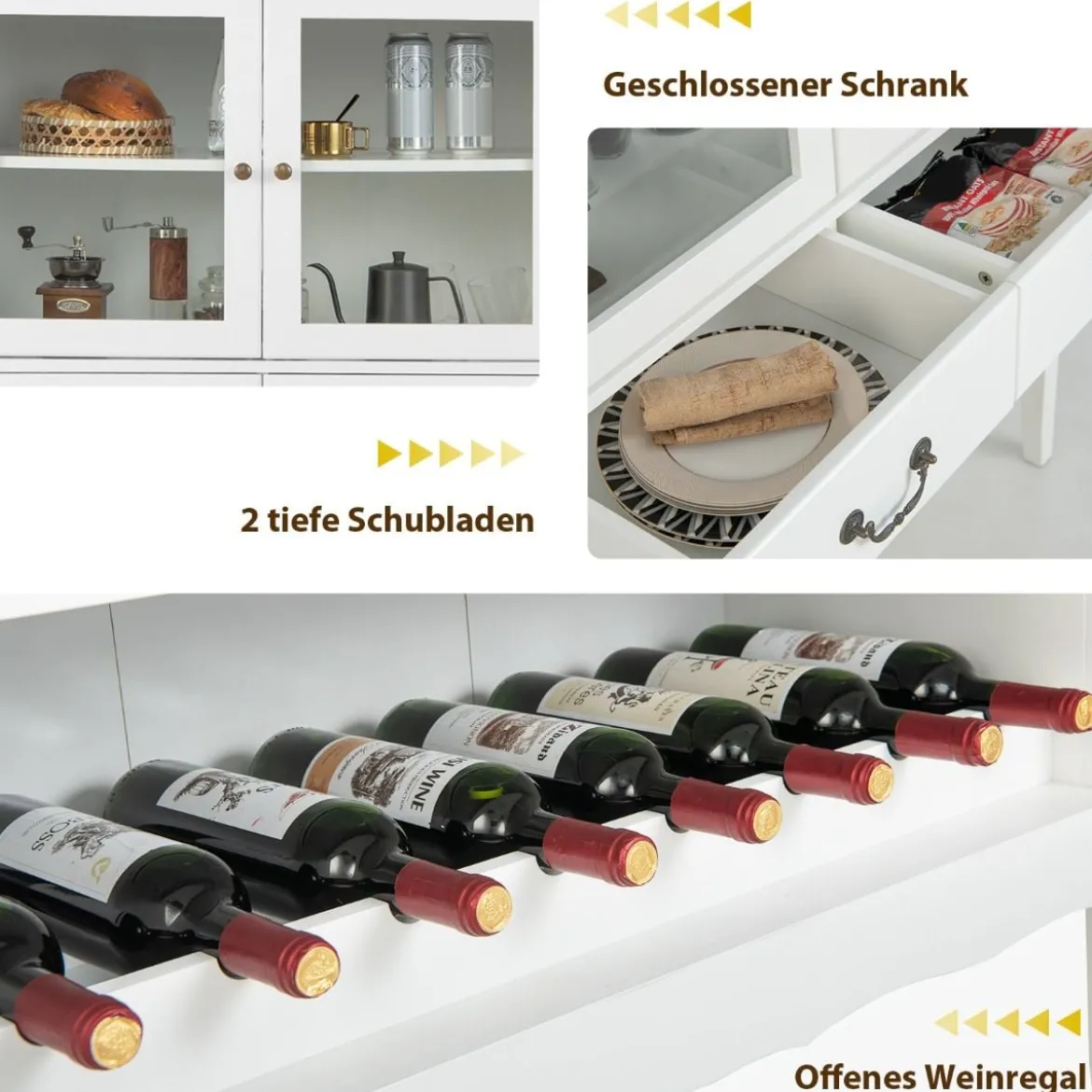 Weinschrank aus Kiefernholz mit 2 Türen & 2 Schubladen & offenes Weinregal Kippsicherung