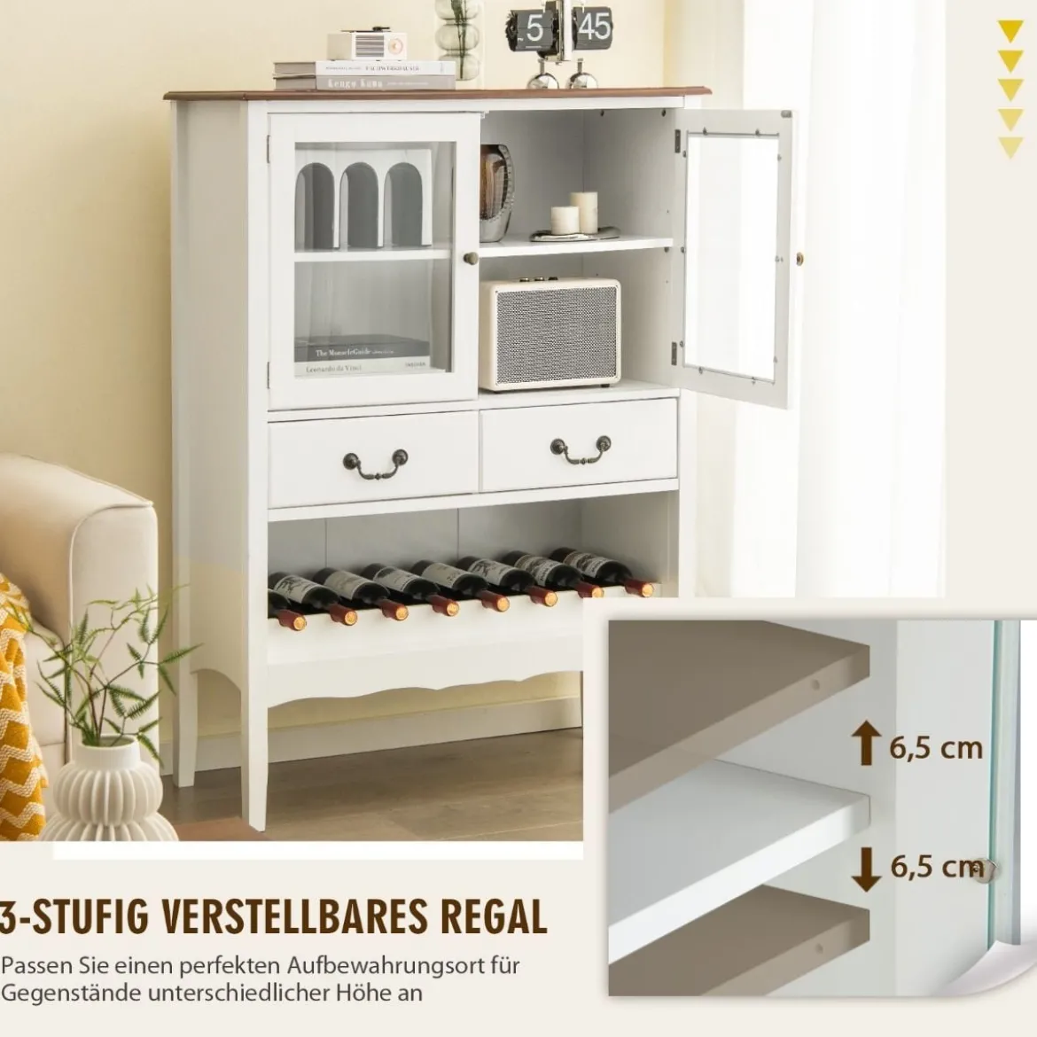 Weinschrank aus Kiefernholz mit 2 Türen & 2 Schubladen & offenes Weinregal Kippsicherung
