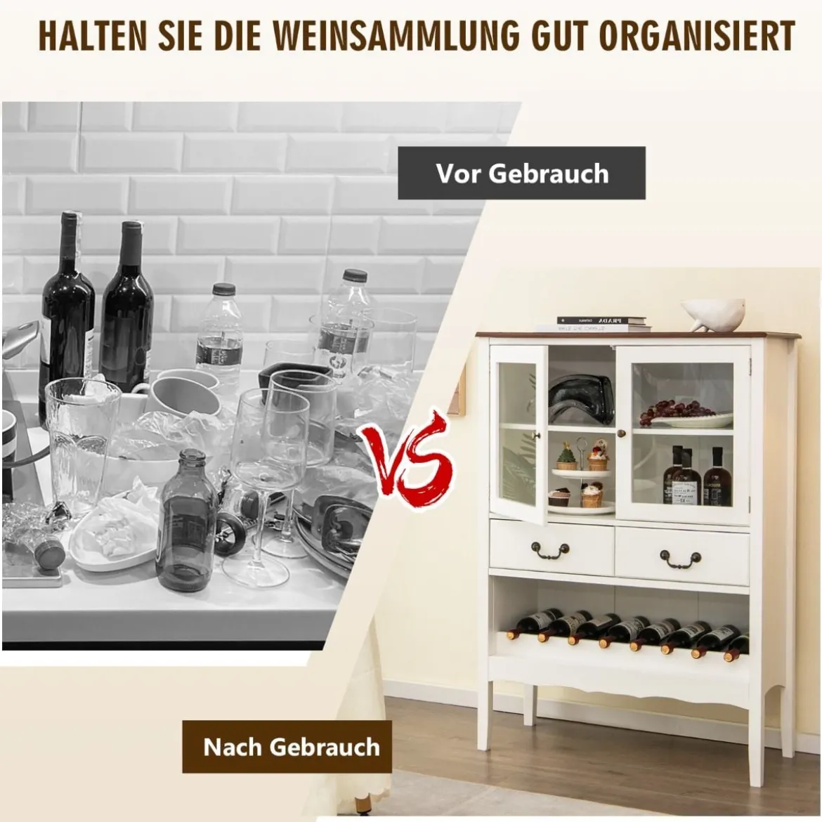 Weinschrank aus Kiefernholz mit 2 Türen & 2 Schubladen & offenes Weinregal Kippsicherung