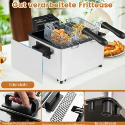 2000W Elektrische Öl-Fritteuse mit 3 Frittierkörben & Einstellbare Temperatur & Sichtfensterdeckel