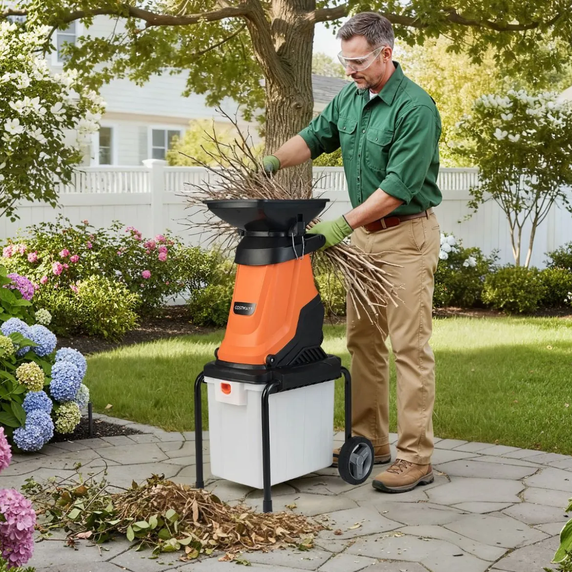 3000W Elektrischer Häcksler mit 50L Auffangbehälter Holzhäcksler Elektro Gartenhäcksler Orange