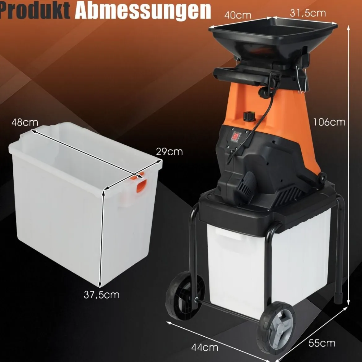 3000W Elektrischer Häcksler mit 50L Auffangbehälter Holzhäcksler Elektro Gartenhäcksler Orange