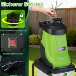 2800W Elektrischer Häcksler mit 50L Sammelbehälter Holzhäcksler Elektro Gartenhäcksler Grün