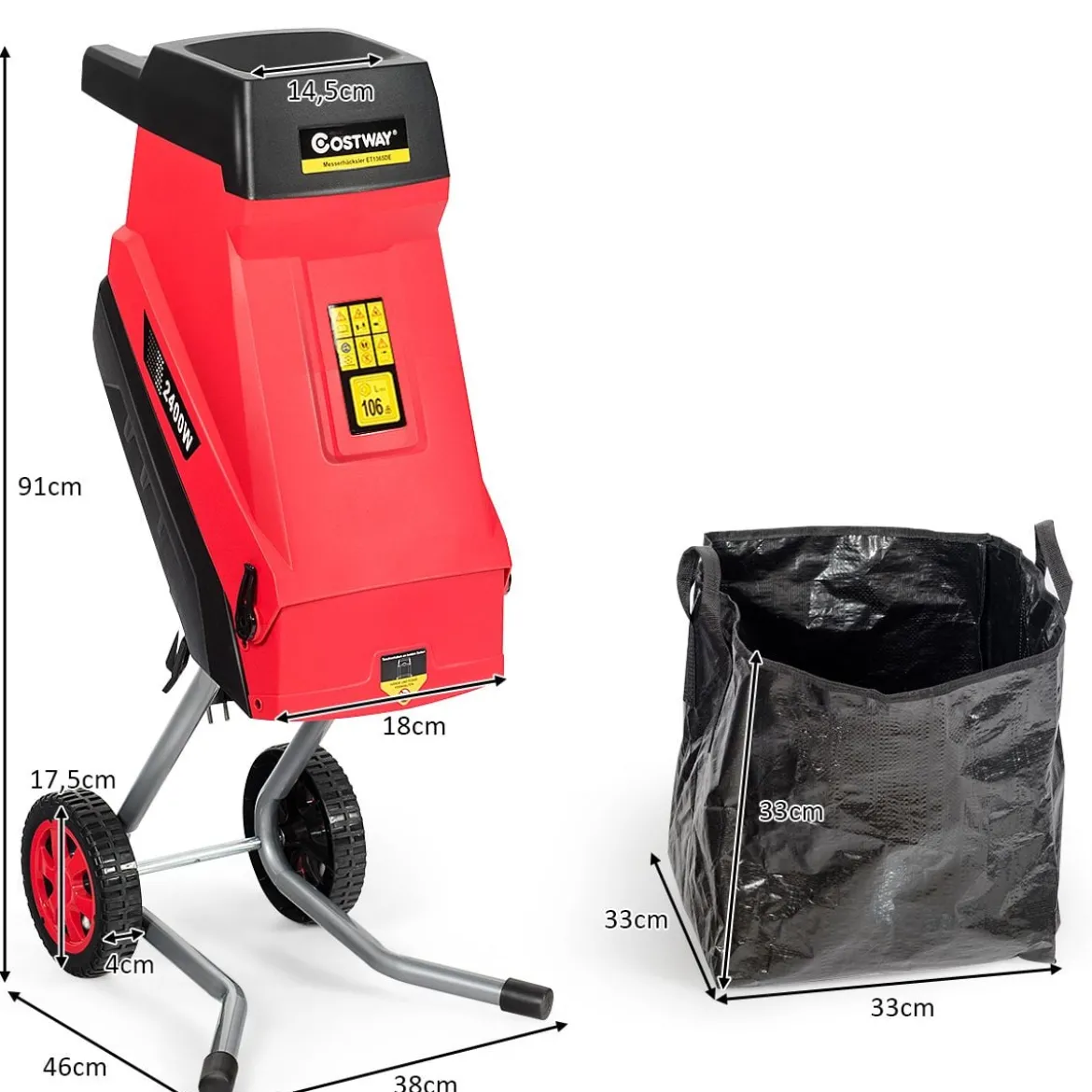 2400W Elektrischer Messerhäcksler Gartenhäcksler für Äste und Gartenabfälle 46 x 38 x 91 cm Rot + Schwarz
