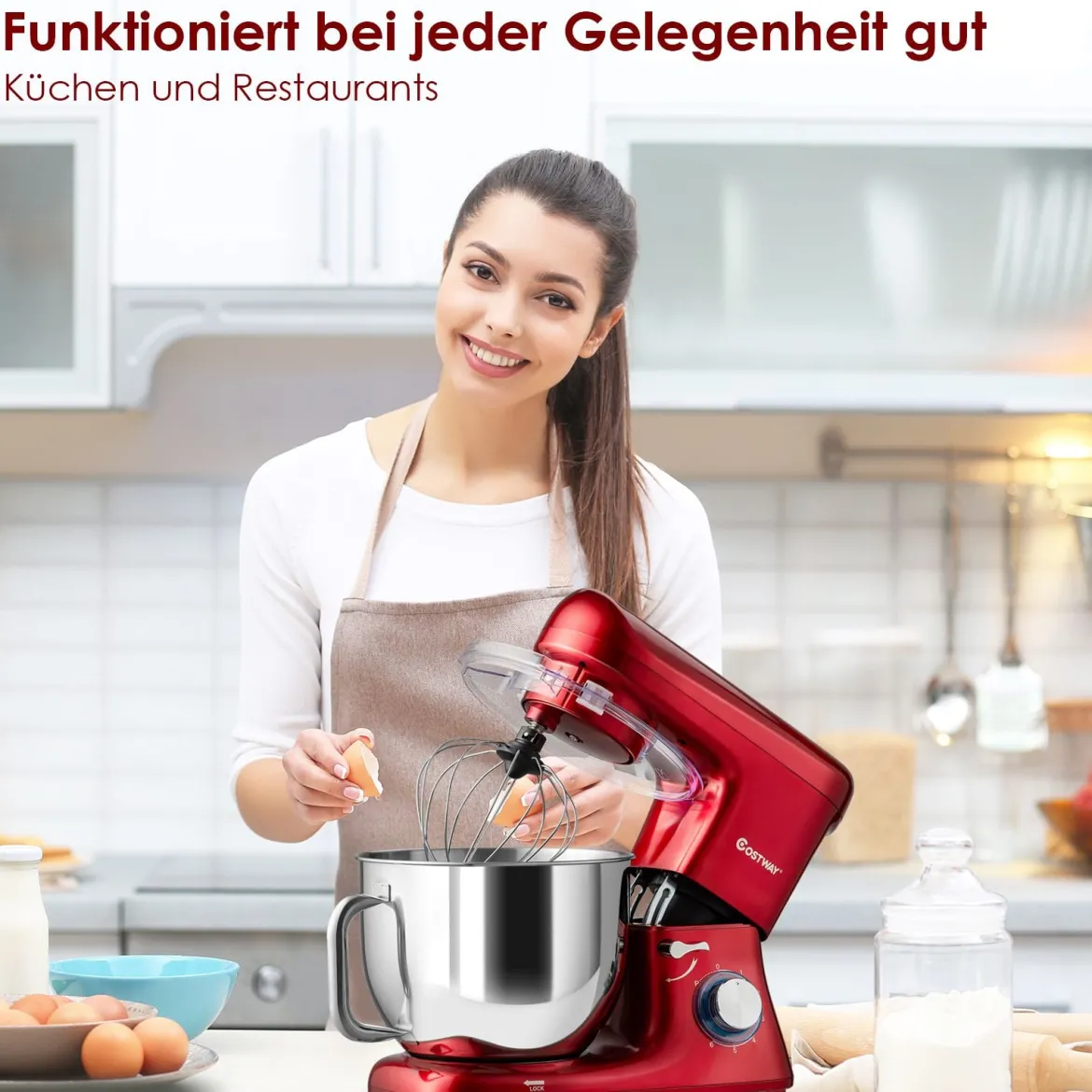 1400W Elektrischer Standmixer Küchenmaschine mit kippbarem Kopf 37 x 19 x 33 cm Rot