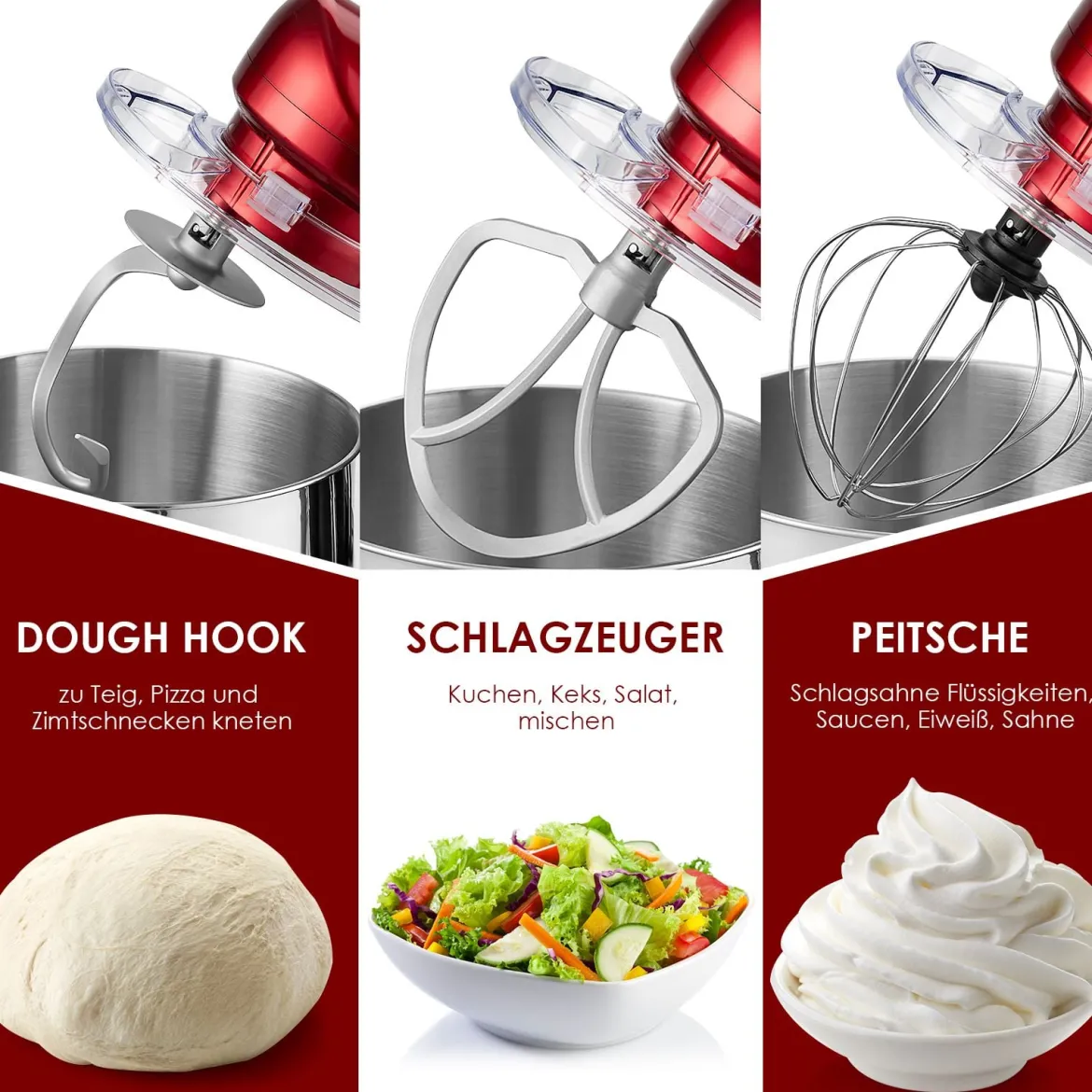 1400W Elektrischer Standmixer Küchenmaschine mit kippbarem Kopf 37 x 19 x 33 cm Rot