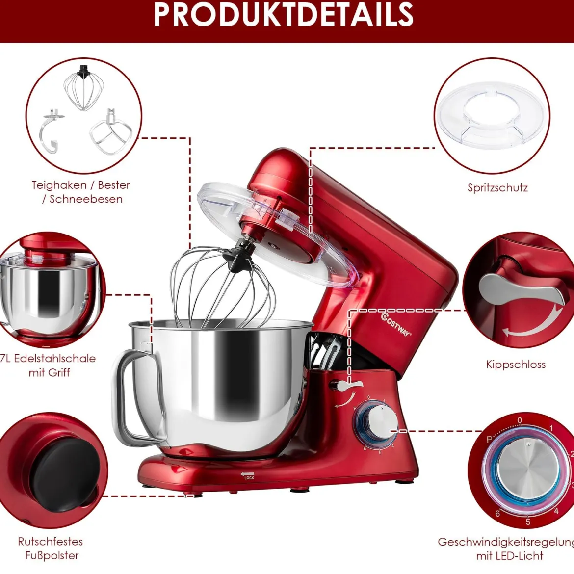 1400W Elektrischer Standmixer Küchenmaschine mit kippbarem Kopf 37 x 19 x 33 cm Rot