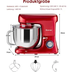 1400W Elektrischer Standmixer Küchenmaschine mit kippbarem Kopf 37 x 19 x 33 cm Rot