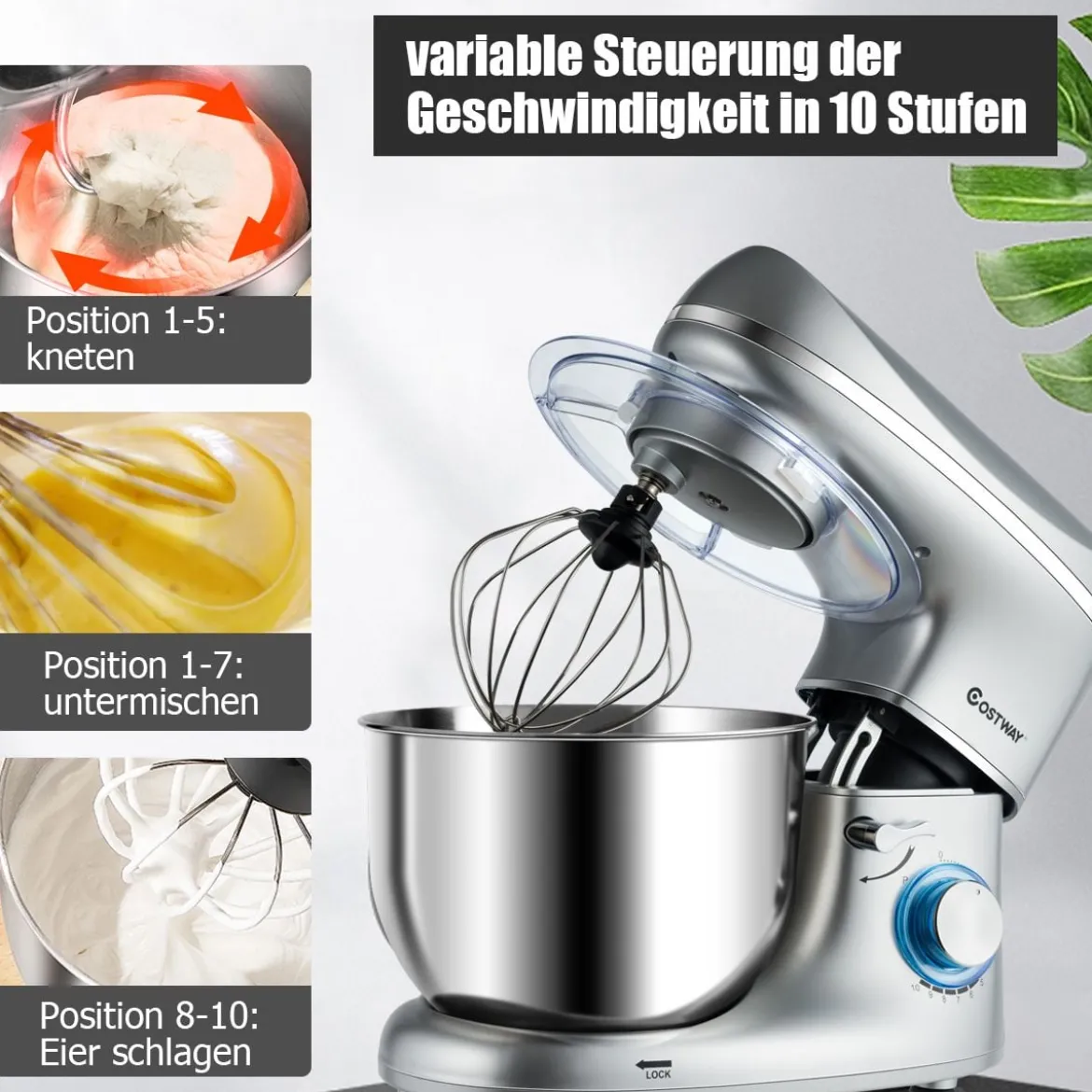 1300W Elektrischer Standmixer Rührmaschine 5,5L Küchenmaschine mit 10-stufigen Geschwindigkeit Silber
