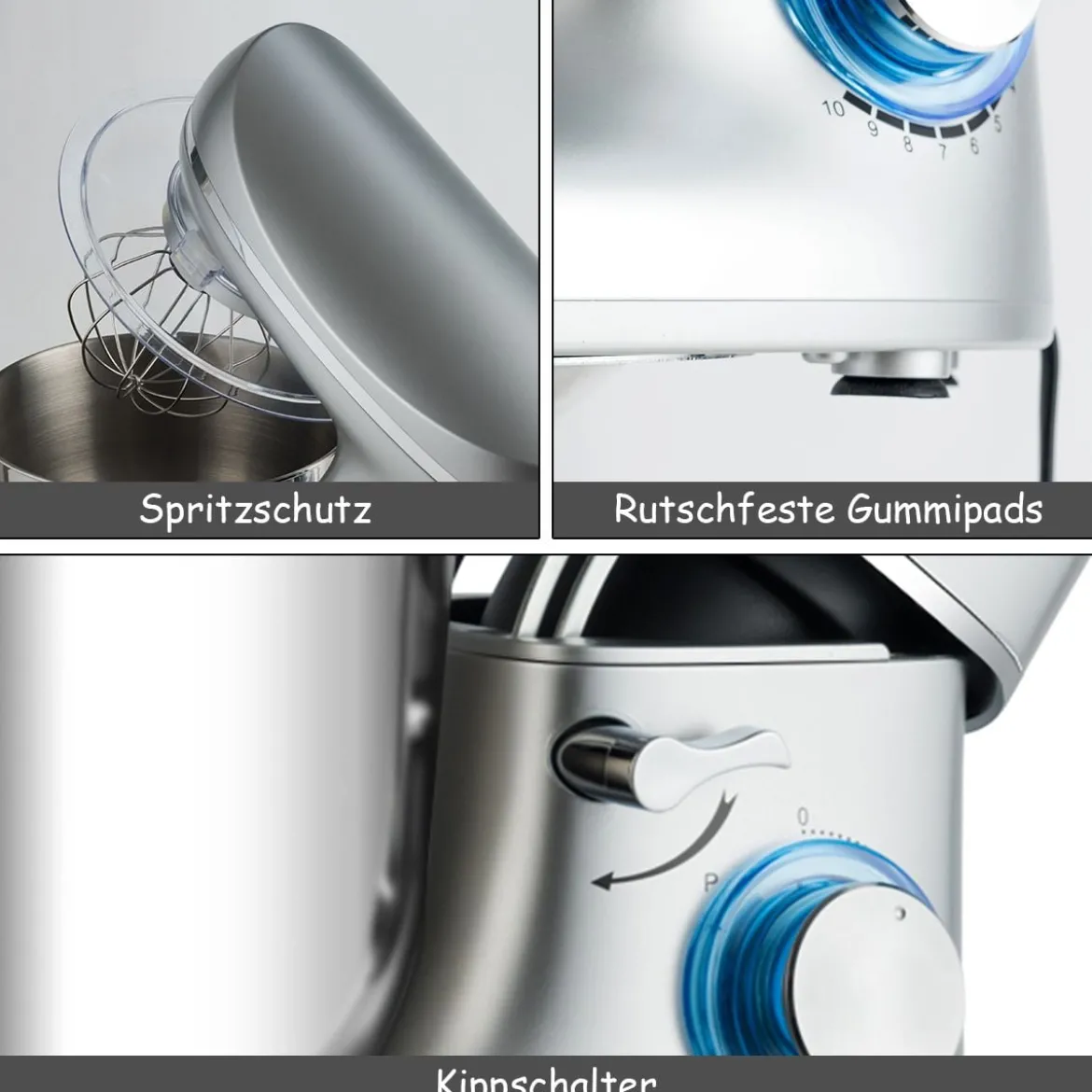 1300W Elektrischer Standmixer Rührmaschine 5,5L Küchenmaschine mit 10-stufigen Geschwindigkeit Silber