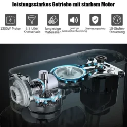 1300W Elektrischer Standmixer Rührmaschine 5,5L Küchenmaschine mit 10-stufigen Geschwindigkeit Silber