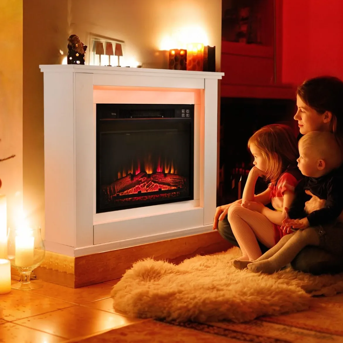 1800W Elektrokamin mit Holzrahmen 17℃-27℃ Elektrischer Kamin 6H Timer Weiß