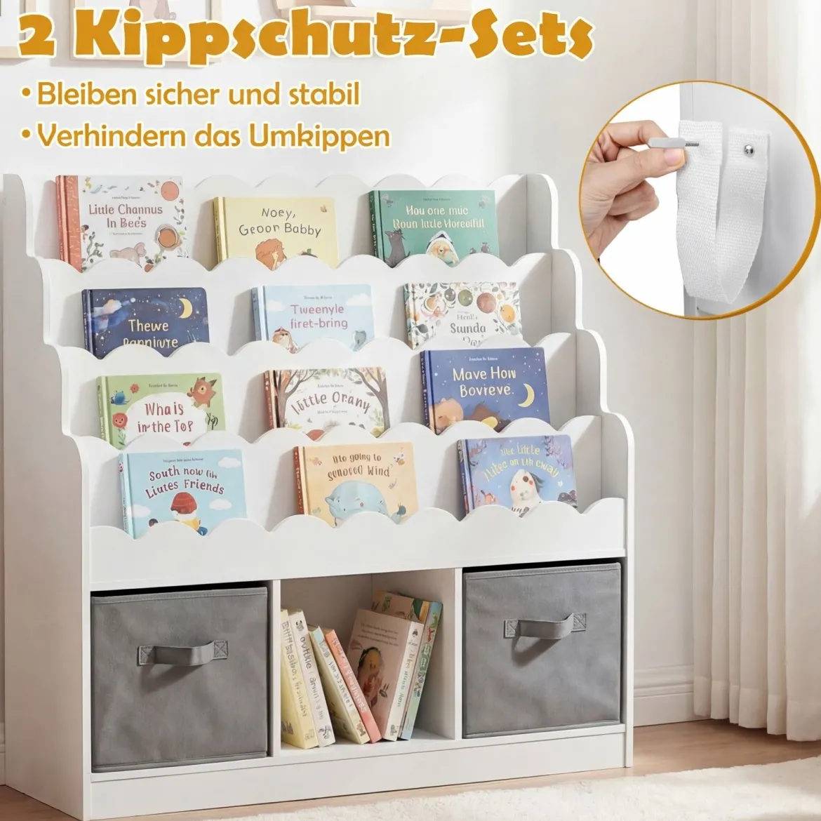 Wellenförmiges Kinder Bücherregal mit 2 Stoffschubladen & 4 Ablagen & 3 Fächern 90 x 30 x 91,5 cm