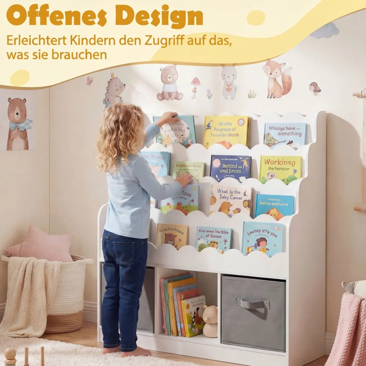 Wellenförmiges Kinder Bücherregal mit 2 Stoffschubladen & 4 Ablagen & 3 Fächern 90 x 30 x 91,5 cm