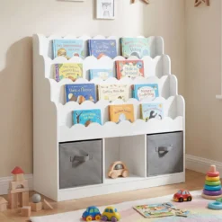 Wellenförmiges Kinder Bücherregal mit 2 Stoffschubladen & 4 Ablagen & 3 Fächern 90 x 30 x 91,5 cm
