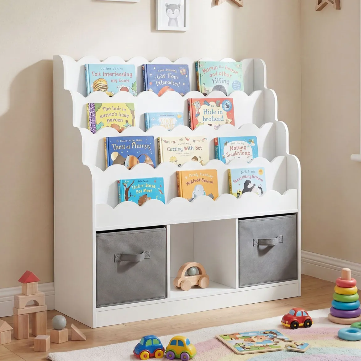 Wellenförmiges Kinder Bücherregal mit 2 Stoffschubladen & 4 Ablagen & 3 Fächern 90 x 30 x 91,5 cm