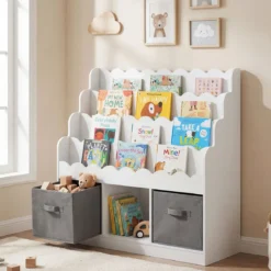 Wellenförmiges Kinder Bücherregal mit 2 Stoffschubladen & 4 Ablagen & 3 Fächern 90 x 30 x 91,5 cm