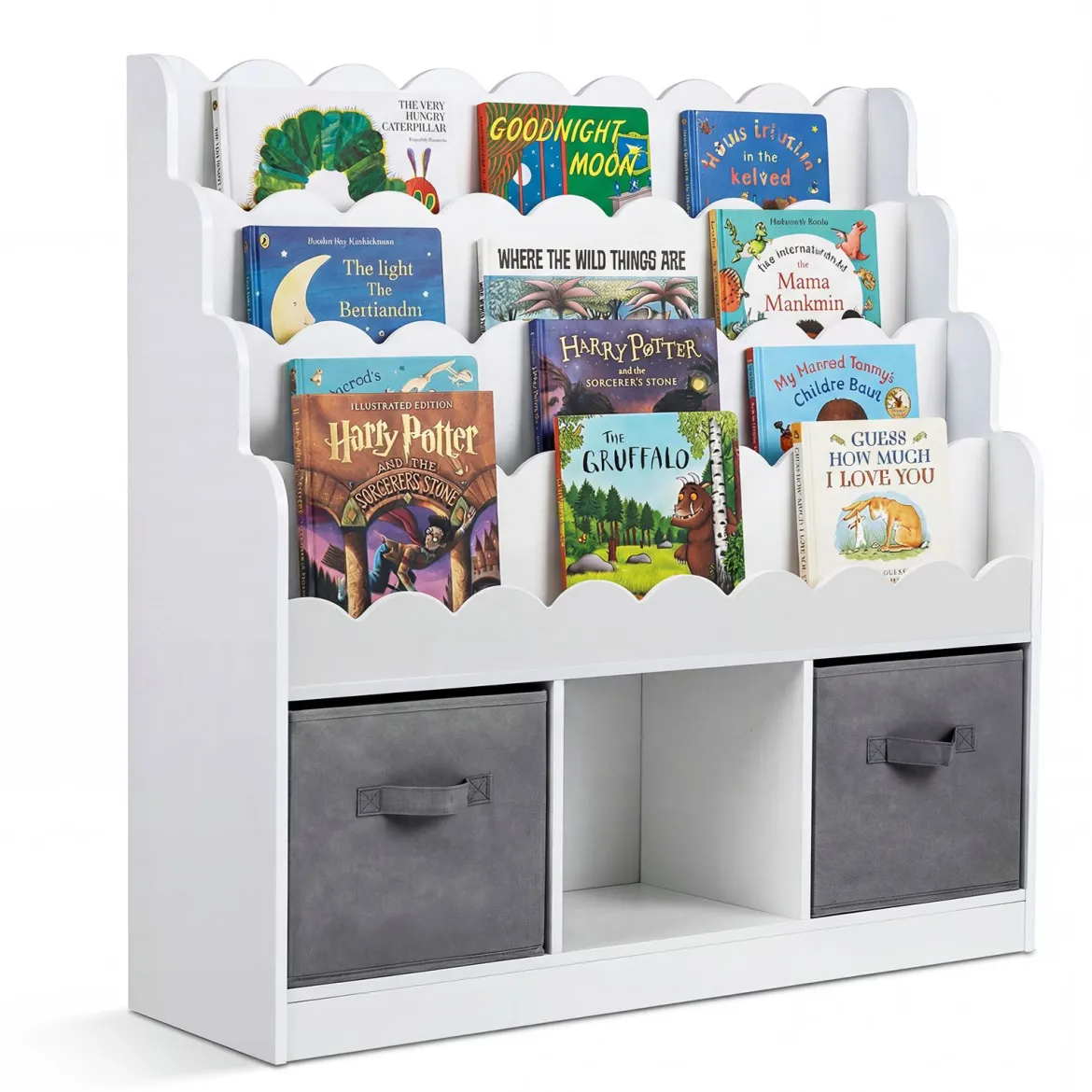 Wellenförmiges Kinder Bücherregal mit 2 Stoffschubladen & 4 Ablagen & 3 Fächern 90 x 30 x 91,5 cm