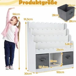 Wellenförmiges Kinder Bücherregal mit 2 Stoffschubladen & 4 Ablagen & 3 Fächern 90 x 30 x 91,5 cm