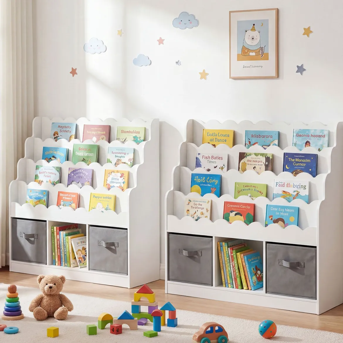 Wellenförmiges Kinder Bücherregal mit 2 Stoffschubladen & 4 Ablagen & 3 Fächern 90 x 30 x 91,5 cm