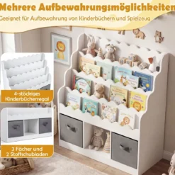 Wellenförmiges Kinder Bücherregal mit 2 Stoffschubladen & 4 Ablagen & 3 Fächern 90 x 30 x 91,5 cm
