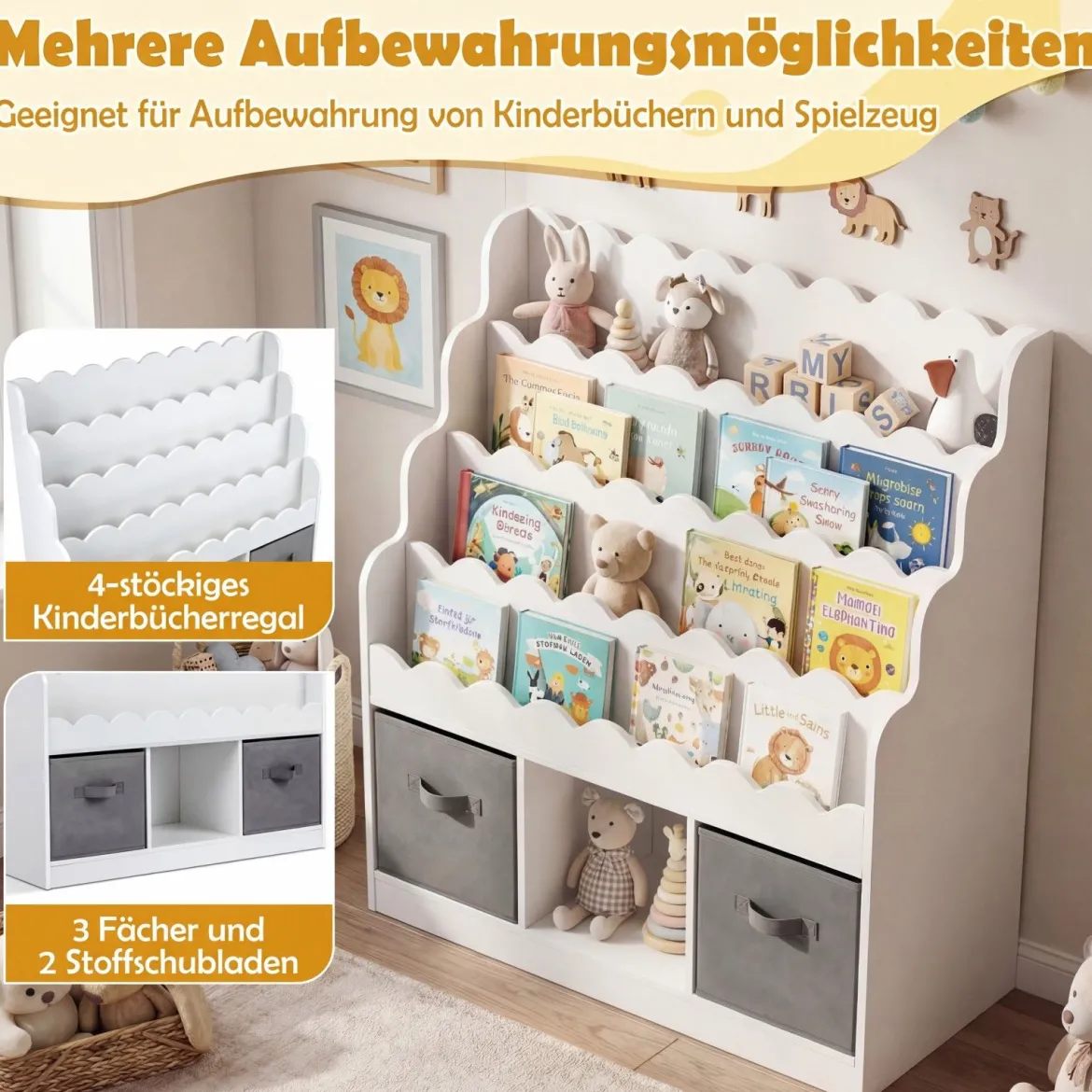Wellenförmiges Kinder Bücherregal mit 2 Stoffschubladen & 4 Ablagen & 3 Fächern 90 x 30 x 91,5 cm