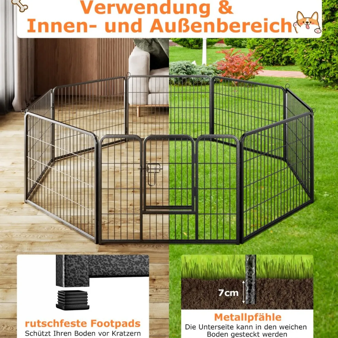Welpenauslauf 60cm hoch 8-teilig faltbares Freilaufgehege Hundelaufstall aus Metall Schwarz
