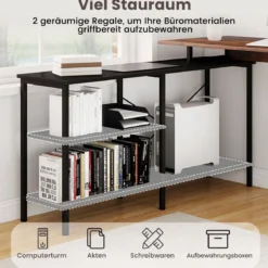 Wendbarer L-förmiger Schreibtisch Eck-Gaming-Schreibtisch mit 2 Aufbewahrungsregalen Computertisch Rustikal Braun