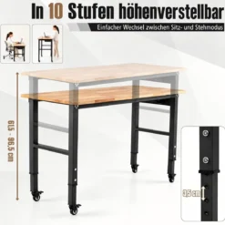 Werkbank mit Steckdosen & Rollen Arbeitstisch Höhenverstellbar Mobiler Garagentisch bis zu 150 kg Tragbar
