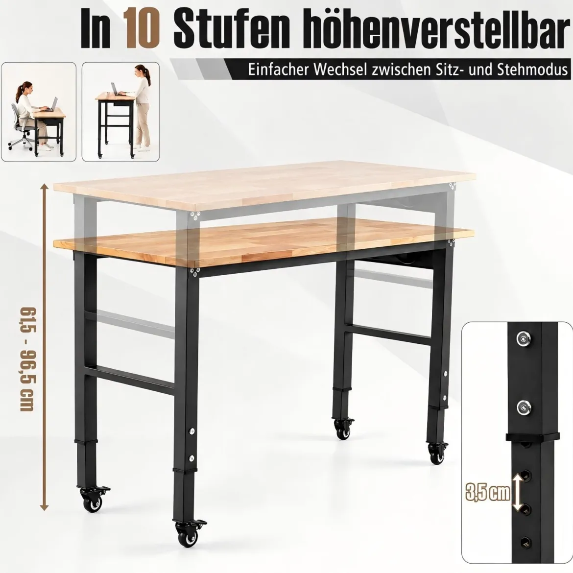 Werkbank mit Steckdosen & Rollen Arbeitstisch Höhenverstellbar Mobiler Garagentisch bis zu 150 kg Tragbar