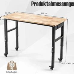 Werkbank mit Steckdosen & Rollen Arbeitstisch Höhenverstellbar Mobiler Garagentisch bis zu 150 kg Tragbar