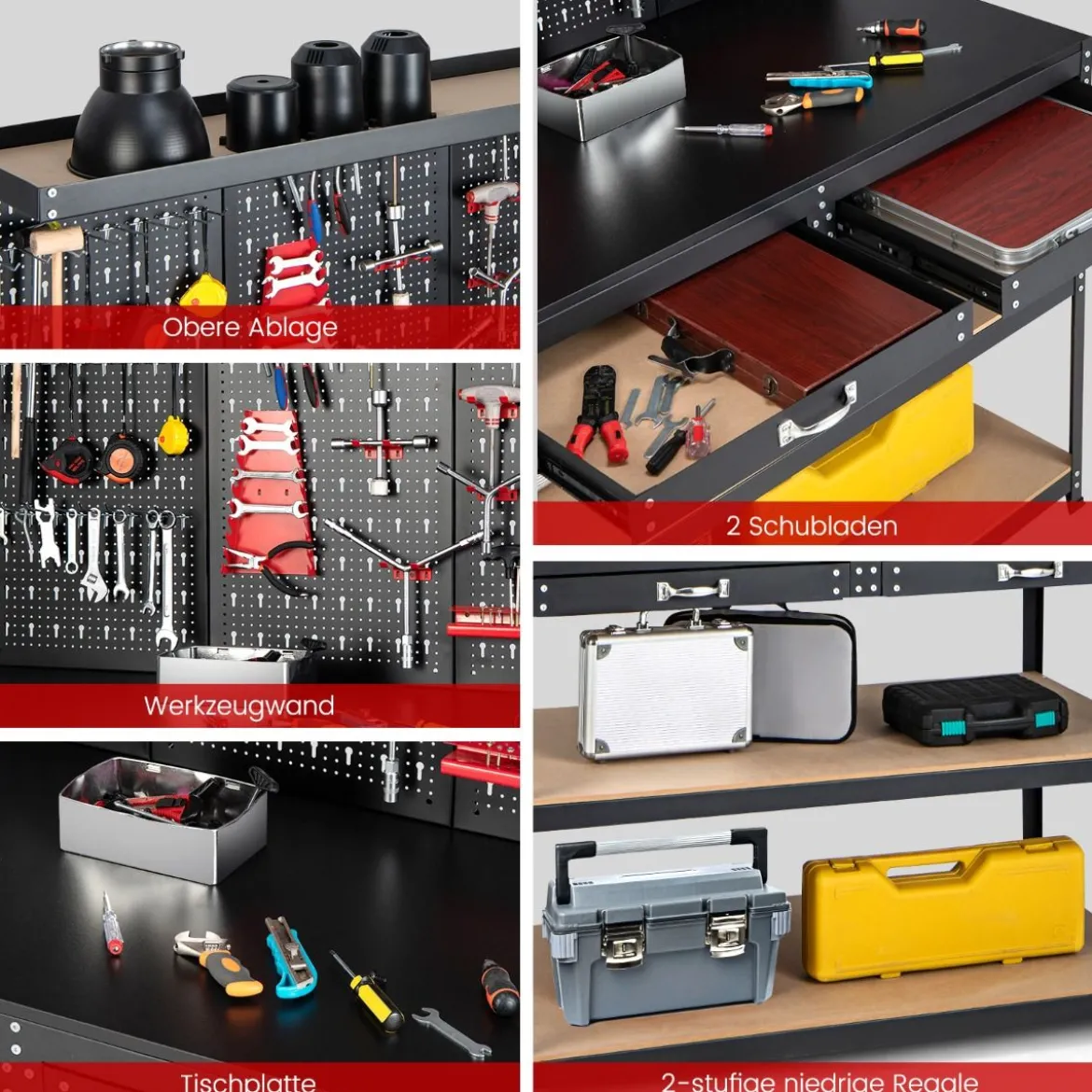 Werkbank mit Stecktafel & Schubladen & Regalen & 25 Hängezubehörteilen Garagen Arbeitstisch