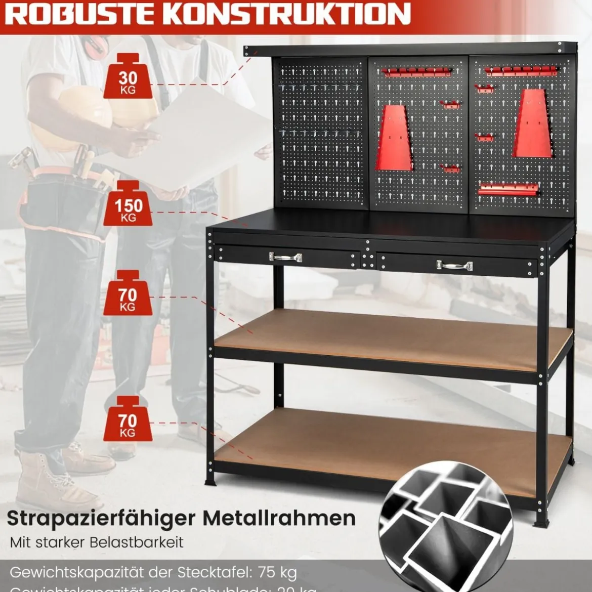 Werkbank mit Stecktafel & Schubladen & Regalen & 25 Hängezubehörteilen Garagen Arbeitstisch