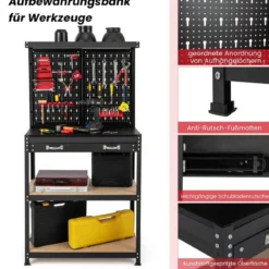 Werkbank Werkzeugbank mit Lochwand Werktisch mit Schublade 81 x 41 x 155 cm Schwarz + Rot